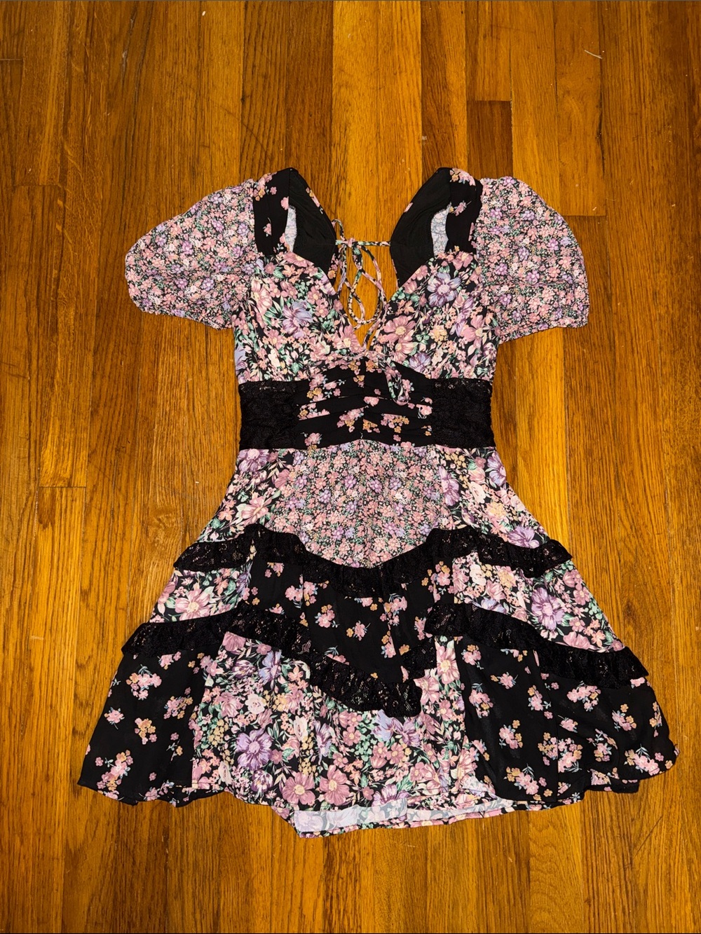 Altar'd State Black Floral Tiered Puff-Sleeve Dress